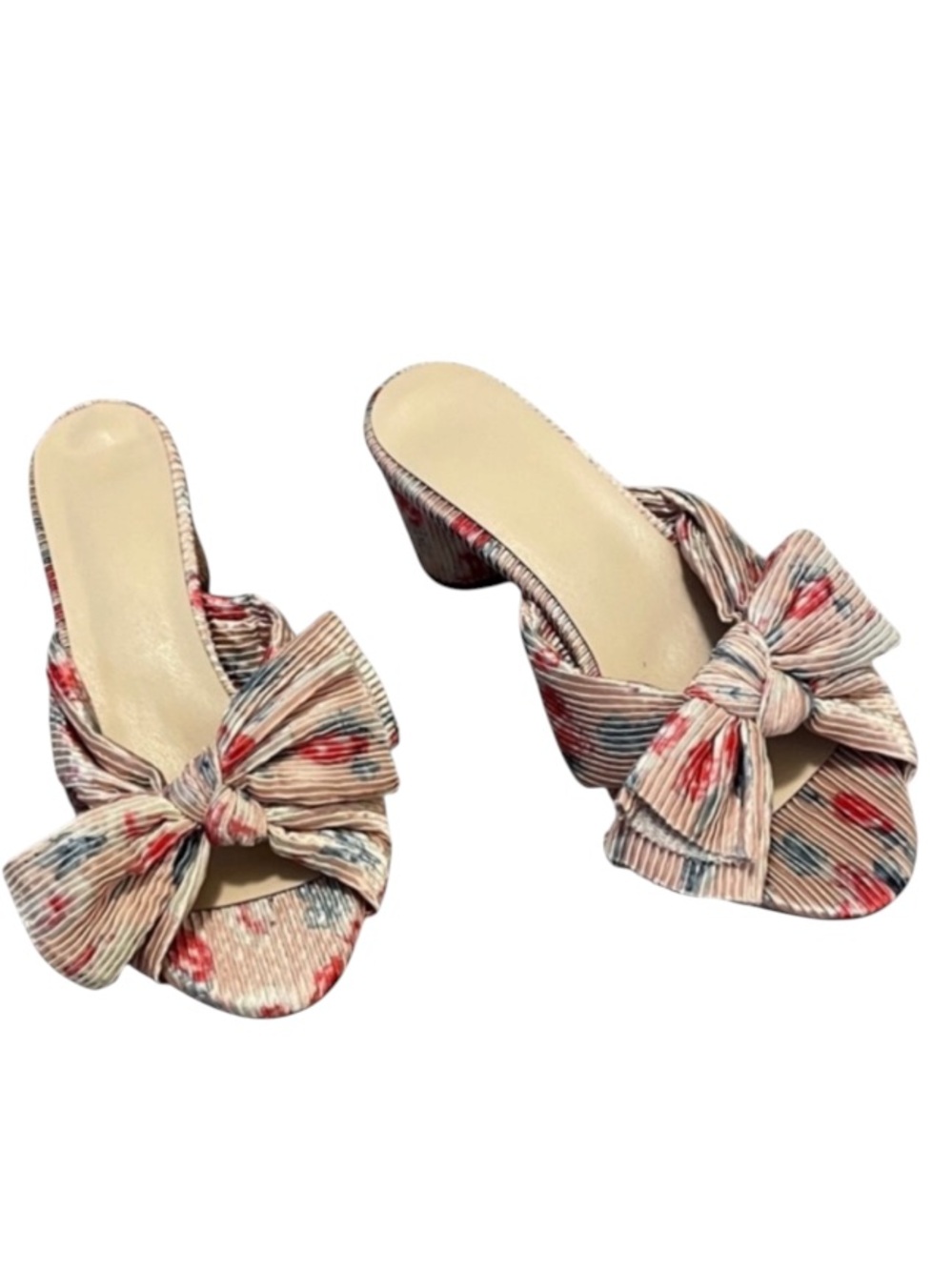 Pink Floral Satin Women's Bow Mule Slide Slip on Sandals Heels Shoes 38